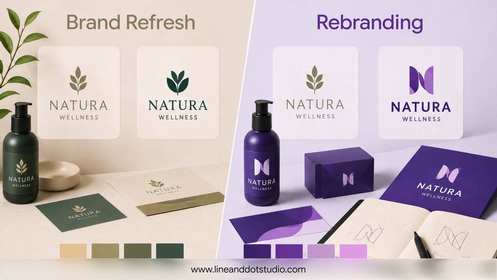 a comparison of a brand refresh vs rebranding for a hand wash brand