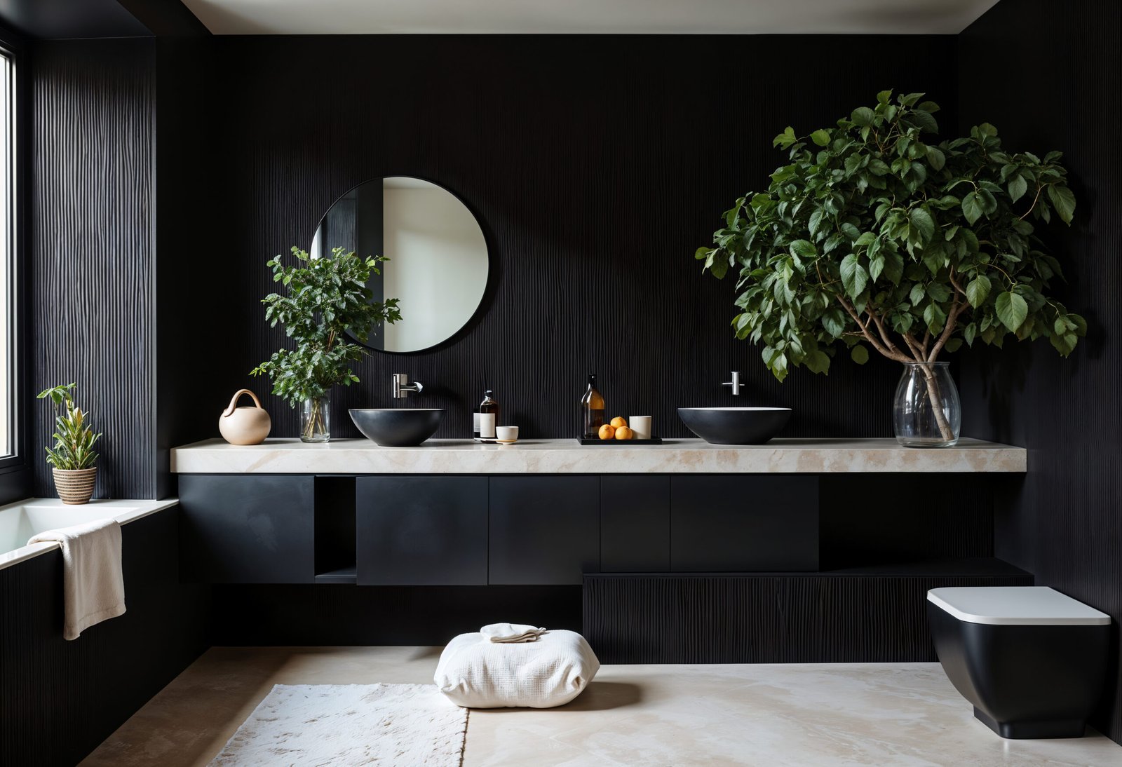 black gray colour bathroom in a home with plants and basin