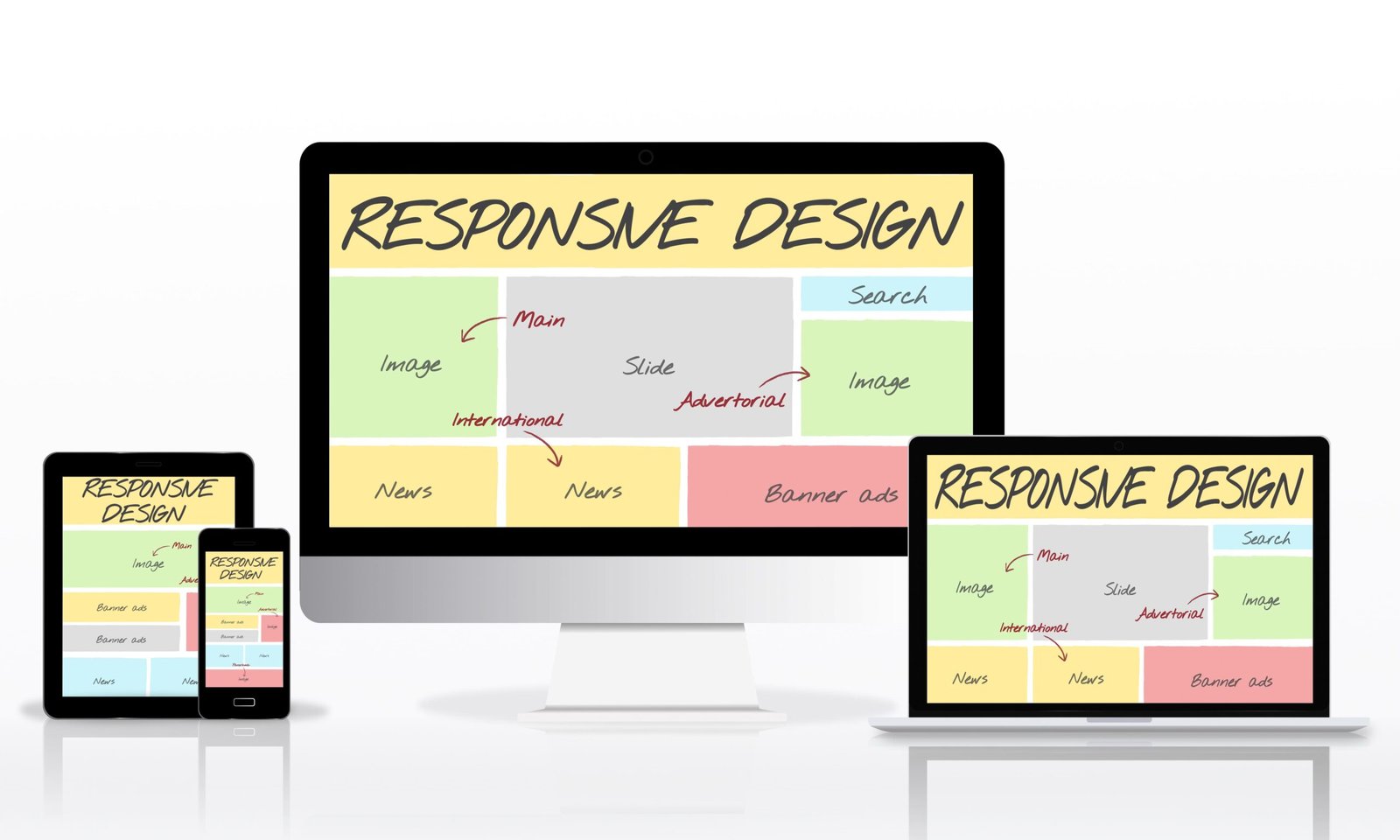 Responsive website layout displayed across desktop, laptop, tablet, and mobile screens—illustrating adaptive UI design and structured content for better website UX
