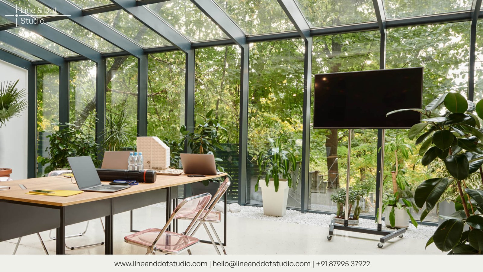 Sustainable office interior featuring certified green materials and energy-saving lighting.