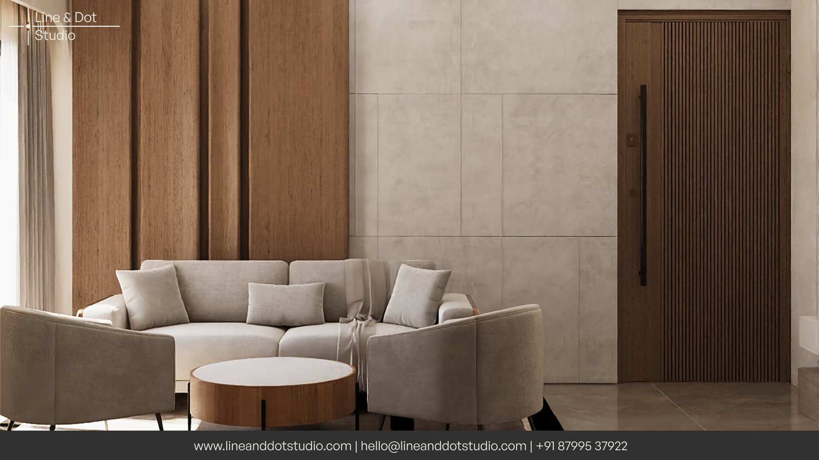 Japandi design style living room designed by the best interior designers at Line and Dot Studio with linen sofa, natural textures and earthy tones