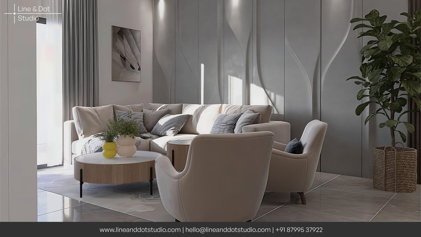 Scandinavian design style inspired living room with neutral beige colors and textured concrete wall by interior designers and 3D rendering experts Line and Dot Studio