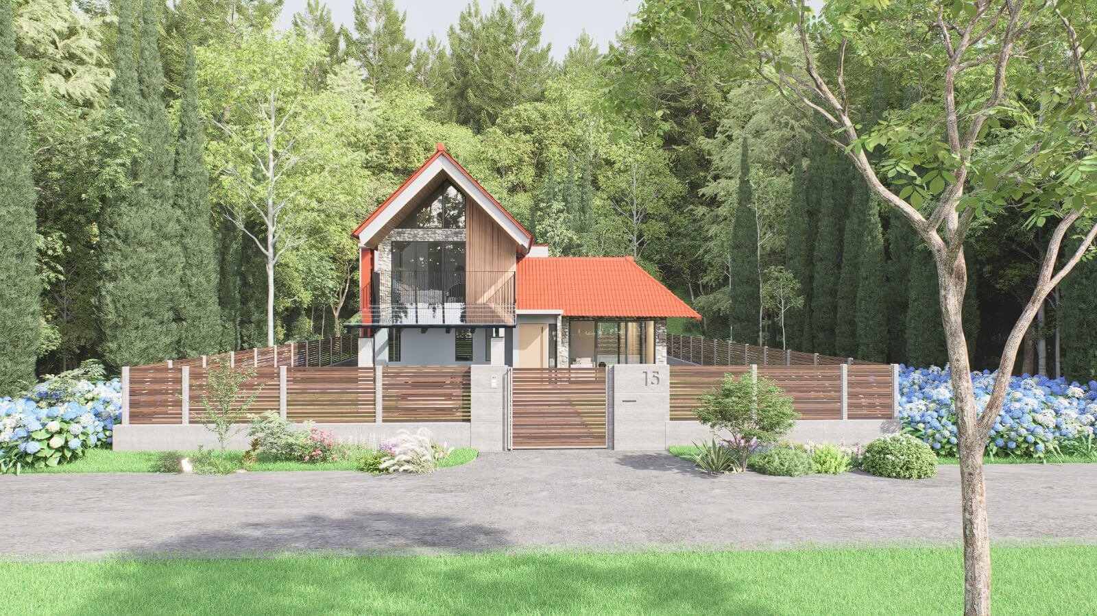 Silver Mist Villa, front facade with glazed gable and entrance gate