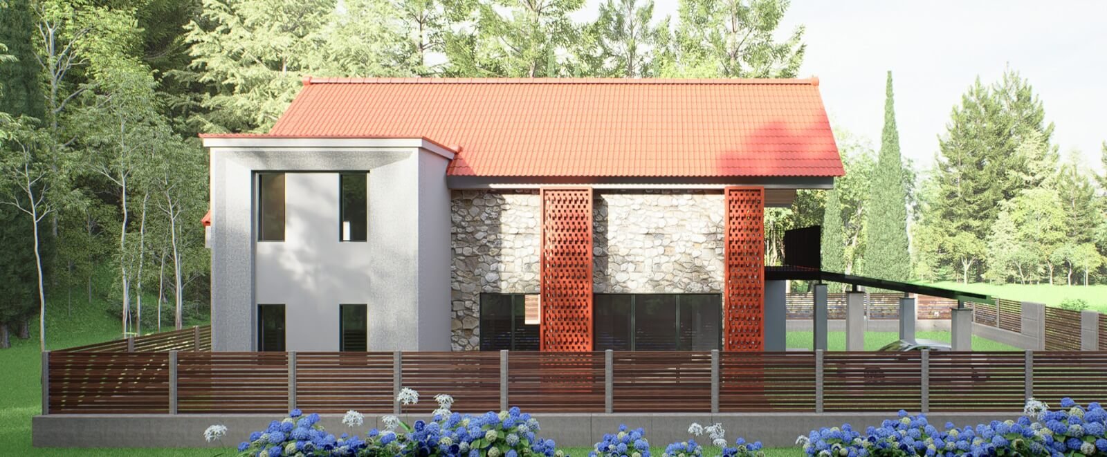 Silver Mist Villa, side elevation with stone wall and timber screens