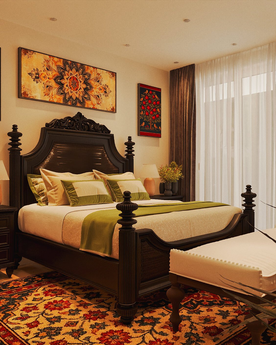 Free Spirit, primary bedroom with layered pattern and warmth