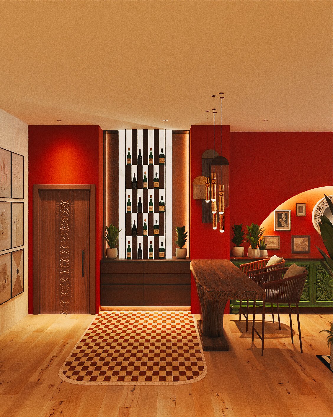 Free Spirit, the bar unit in bottle-green cabinetry with brass detailing and an arched frame