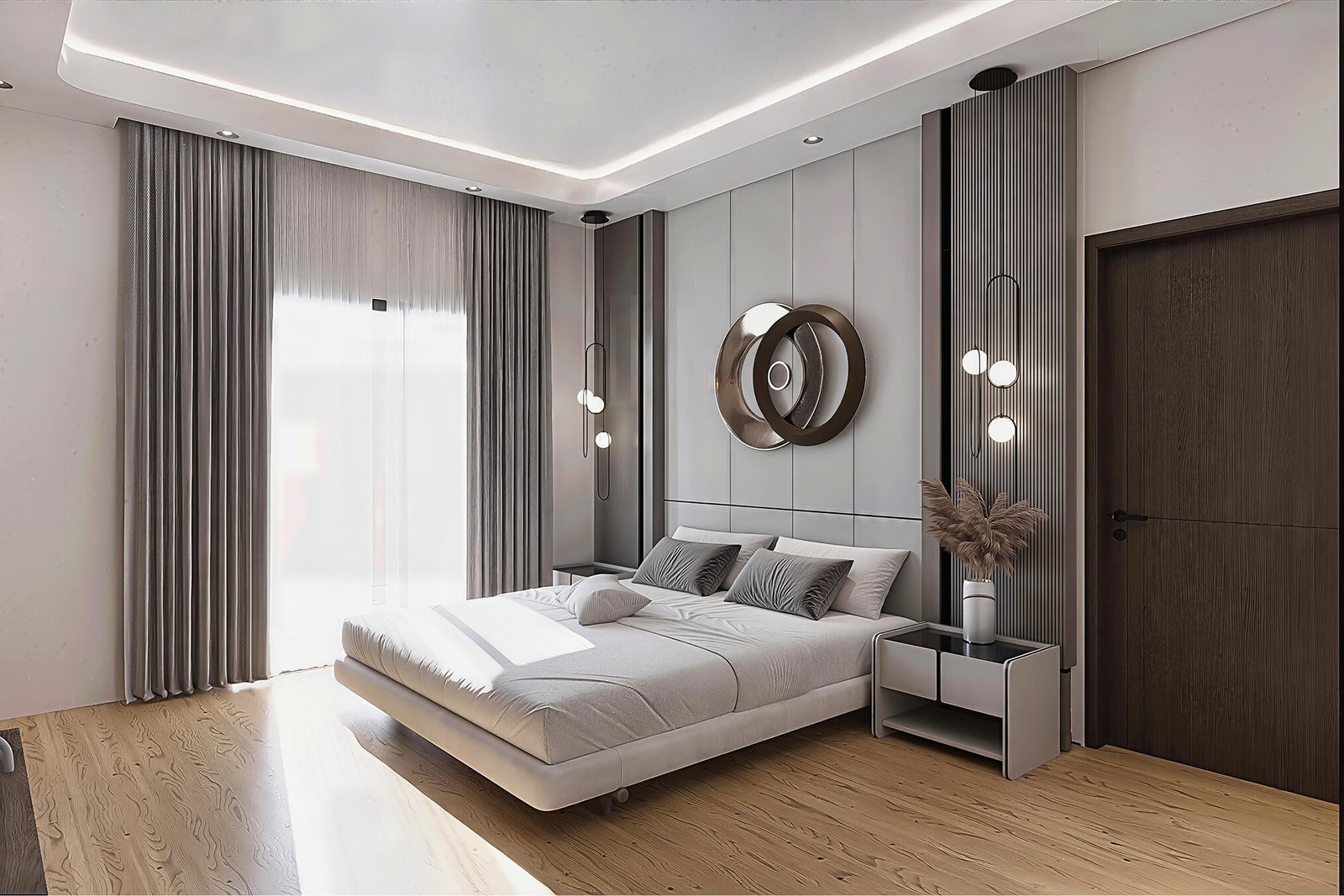 Master bedroom in layered beige and grey tones