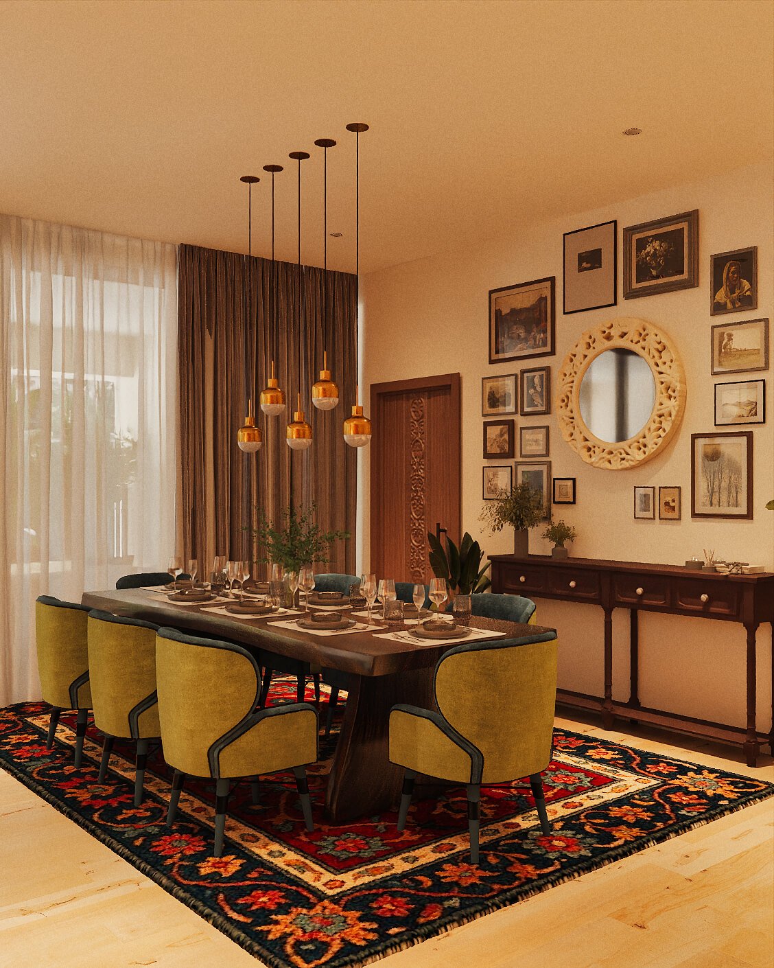 Free Spirit, dining room in deep tones with patterned upholstery and natural wood