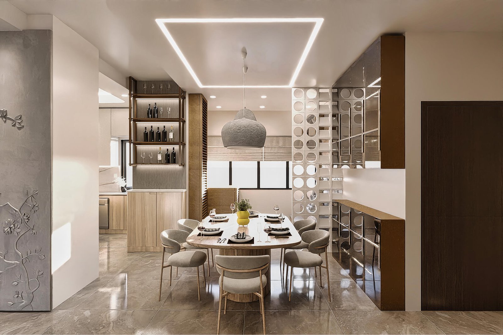 Dining space with a warm beige table setting