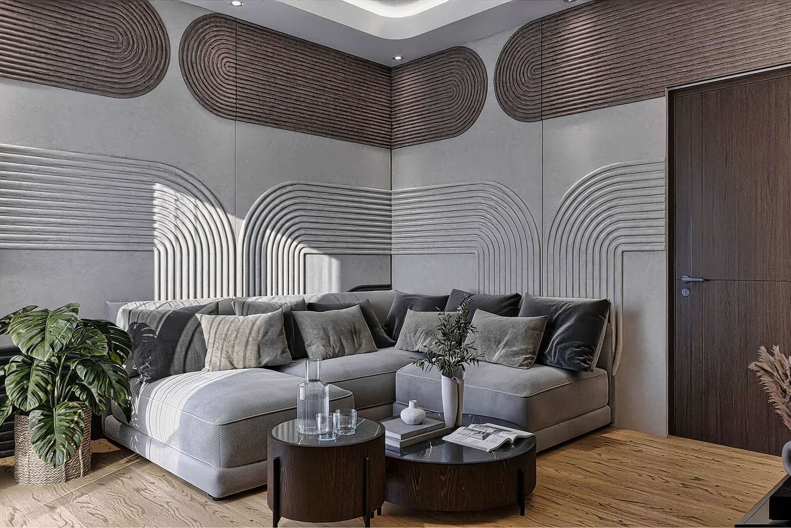Guest room with a calm beige and grey scheme