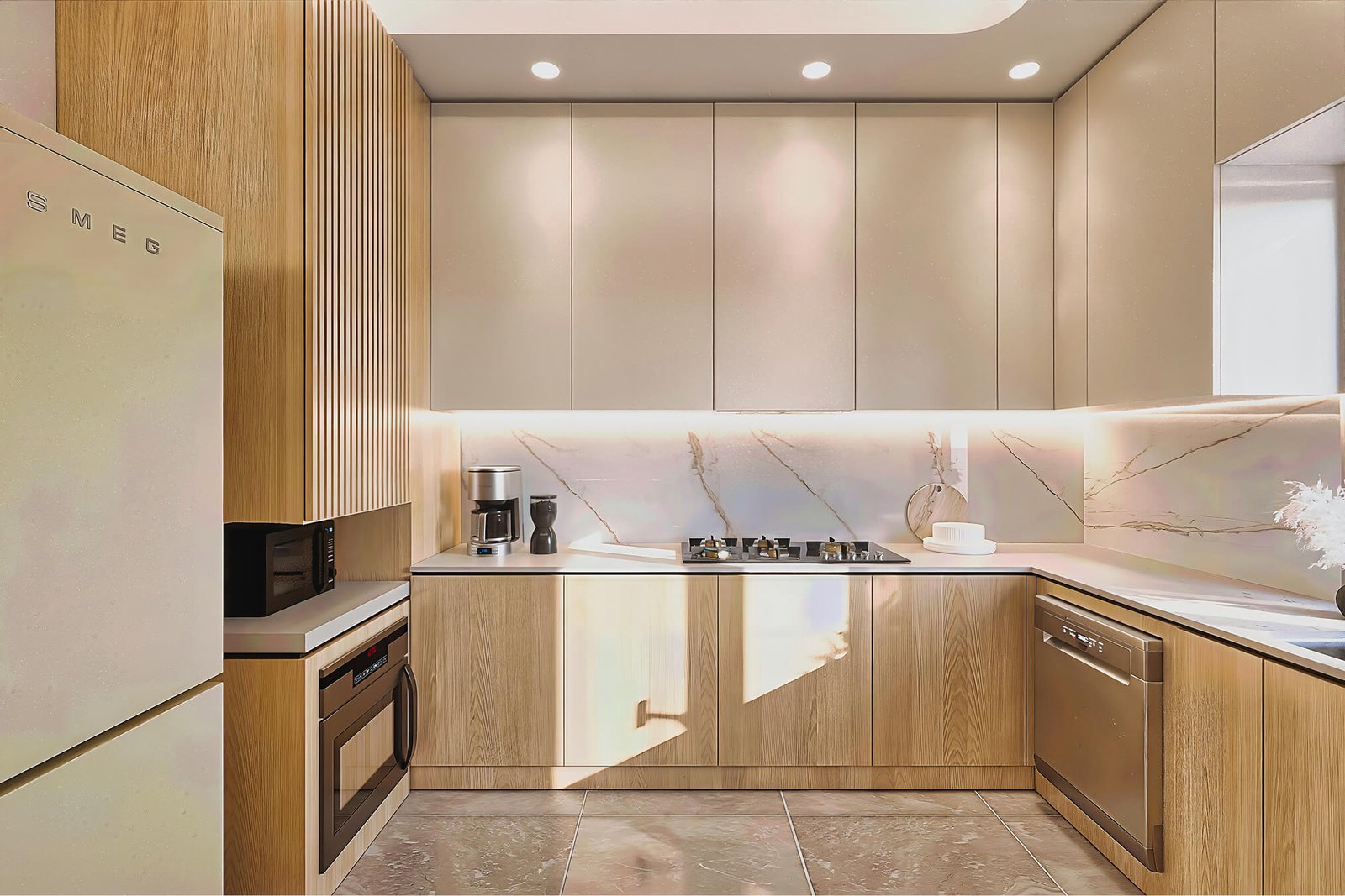 Kitchen and bar unit in muted greys with reflective surfaces