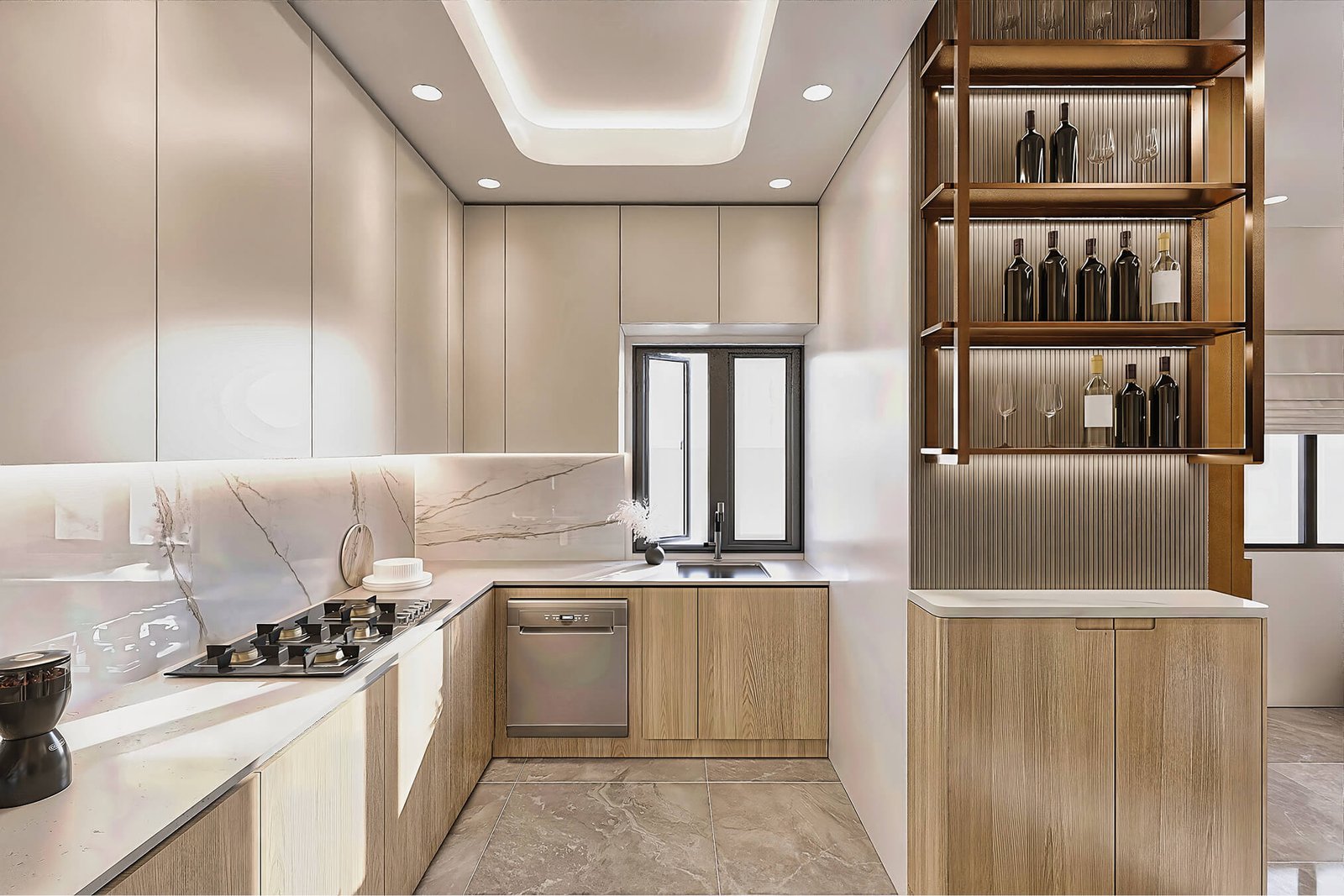 Kitchen detail with reflective surfaces and pale cabinetry