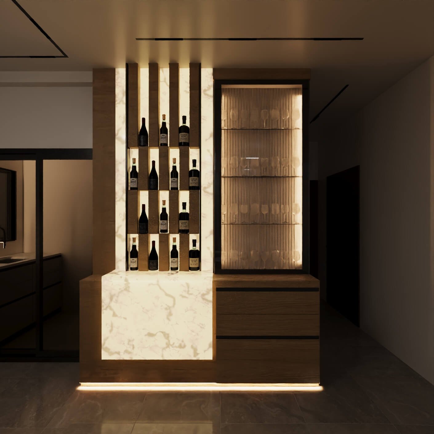 Bar detail with backlit stone and timber shelving
