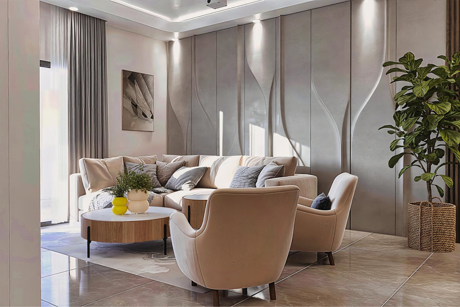 House of Mirrors, home theater and living space in soft greys