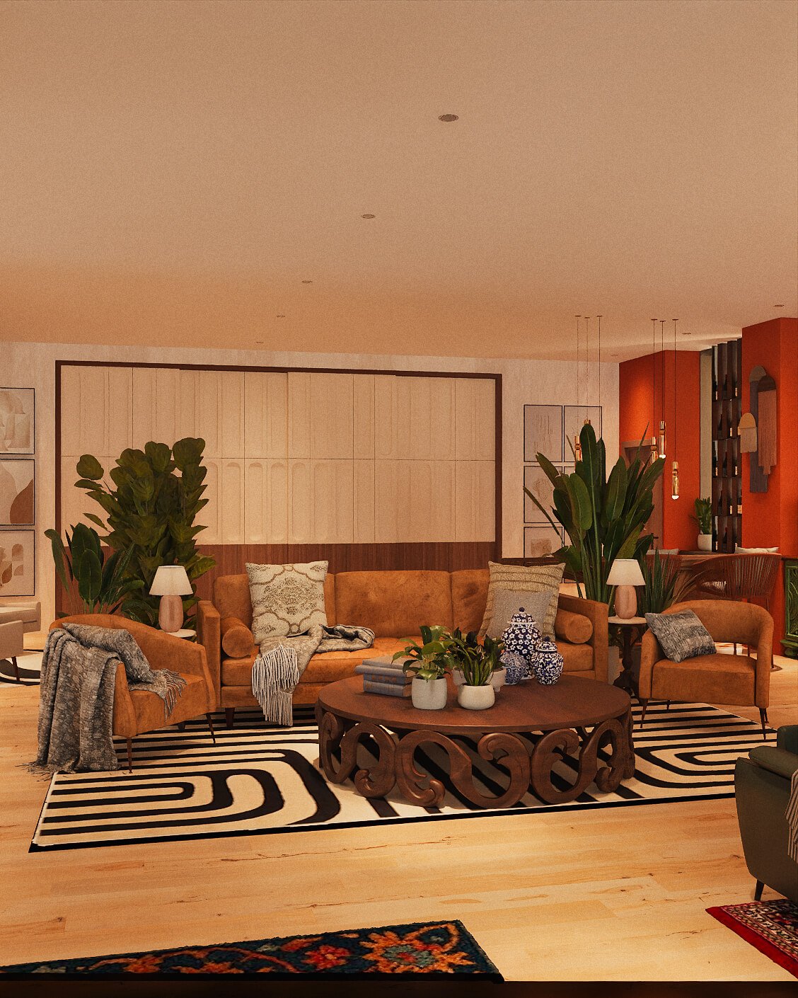 Free Spirit, the main living room layered in deep colour, pattern and collected pieces