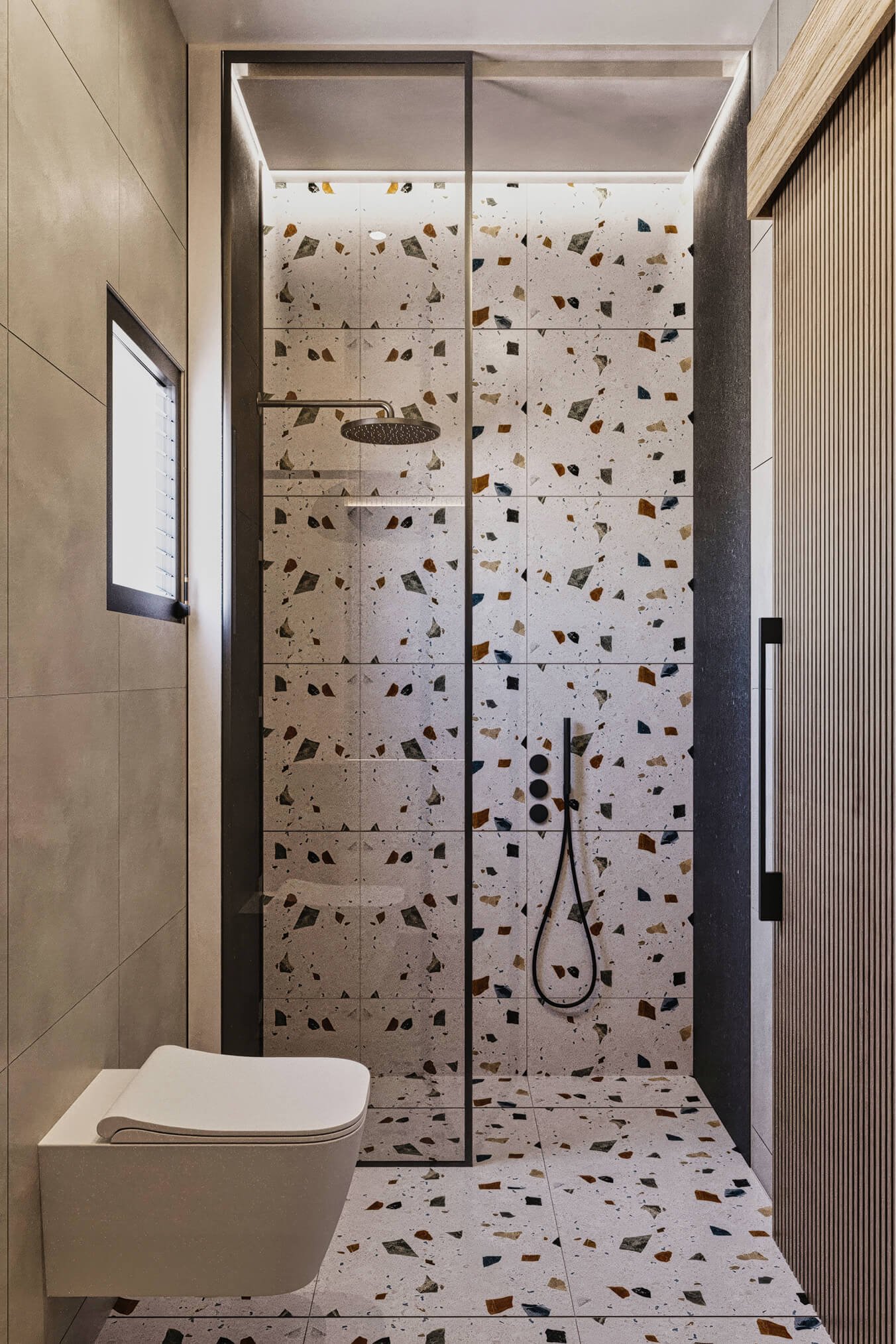 Master bathroom with a terrazzo shower in soft neutrals