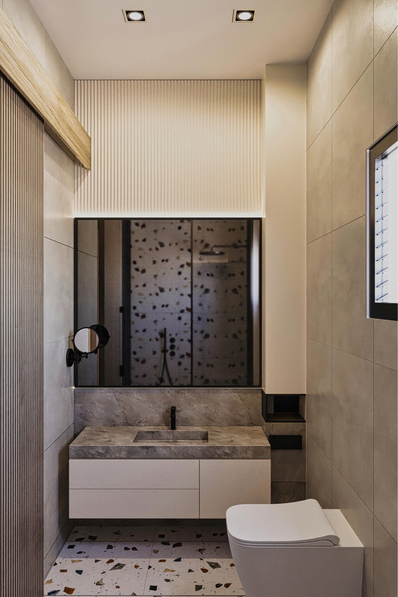 Master bathroom with a mirrored vanity