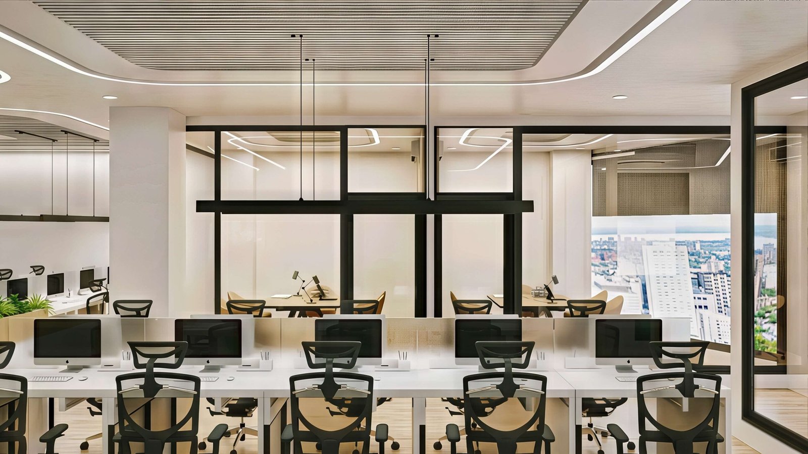 Glass & Green, bench desks along black-framed glazing with city views