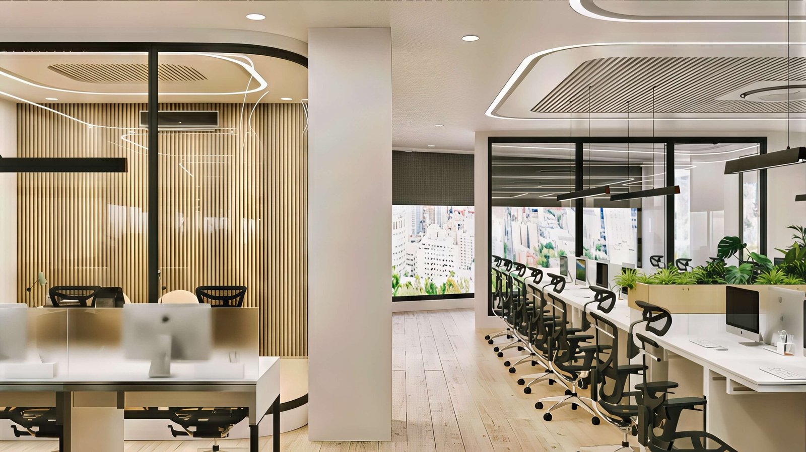 Glass & Green, fluted timber feature wall beside a window-side work counter