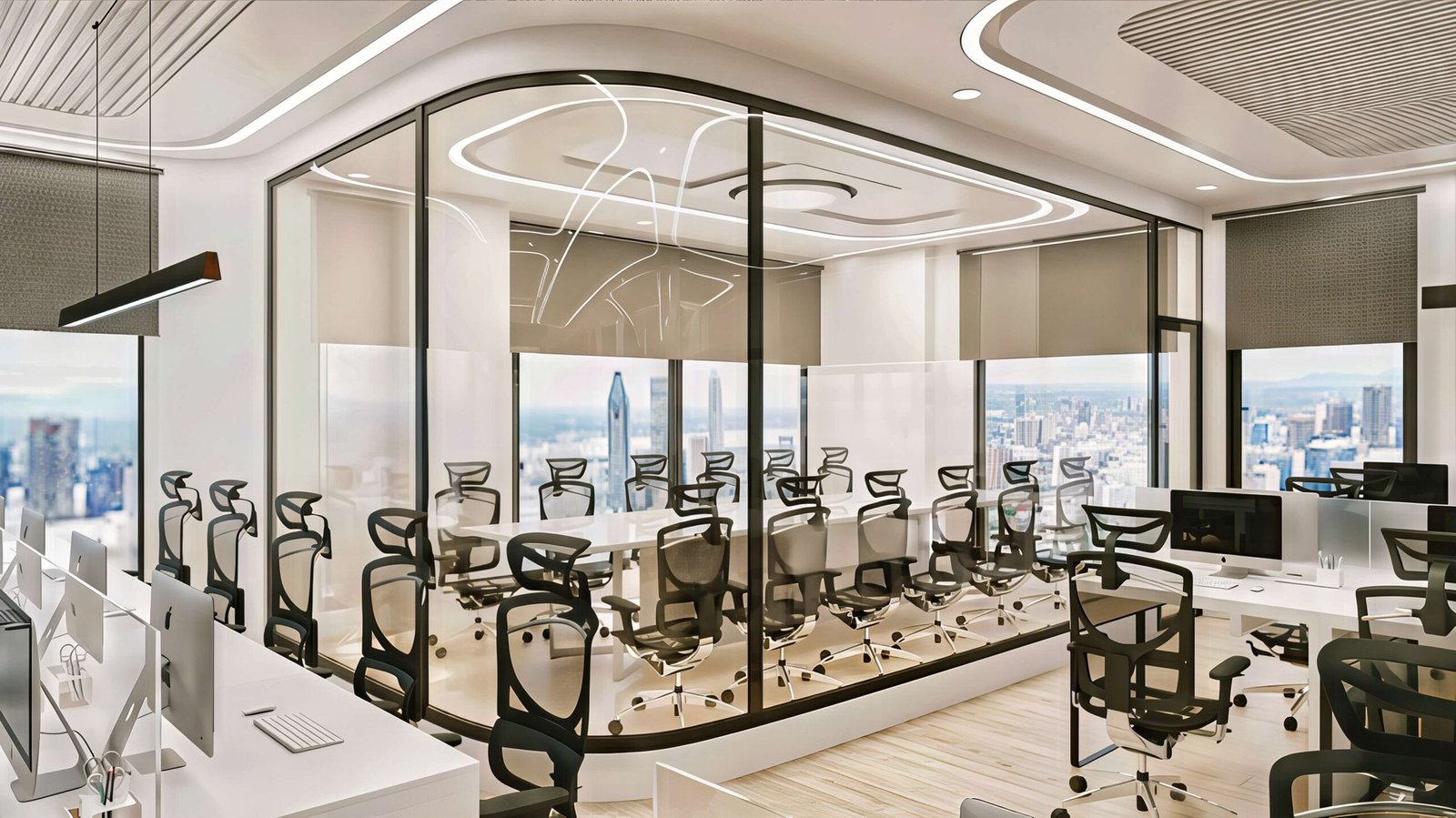 Glass & Green, glazed boardroom pod with a sculptural ceiling light and skyline