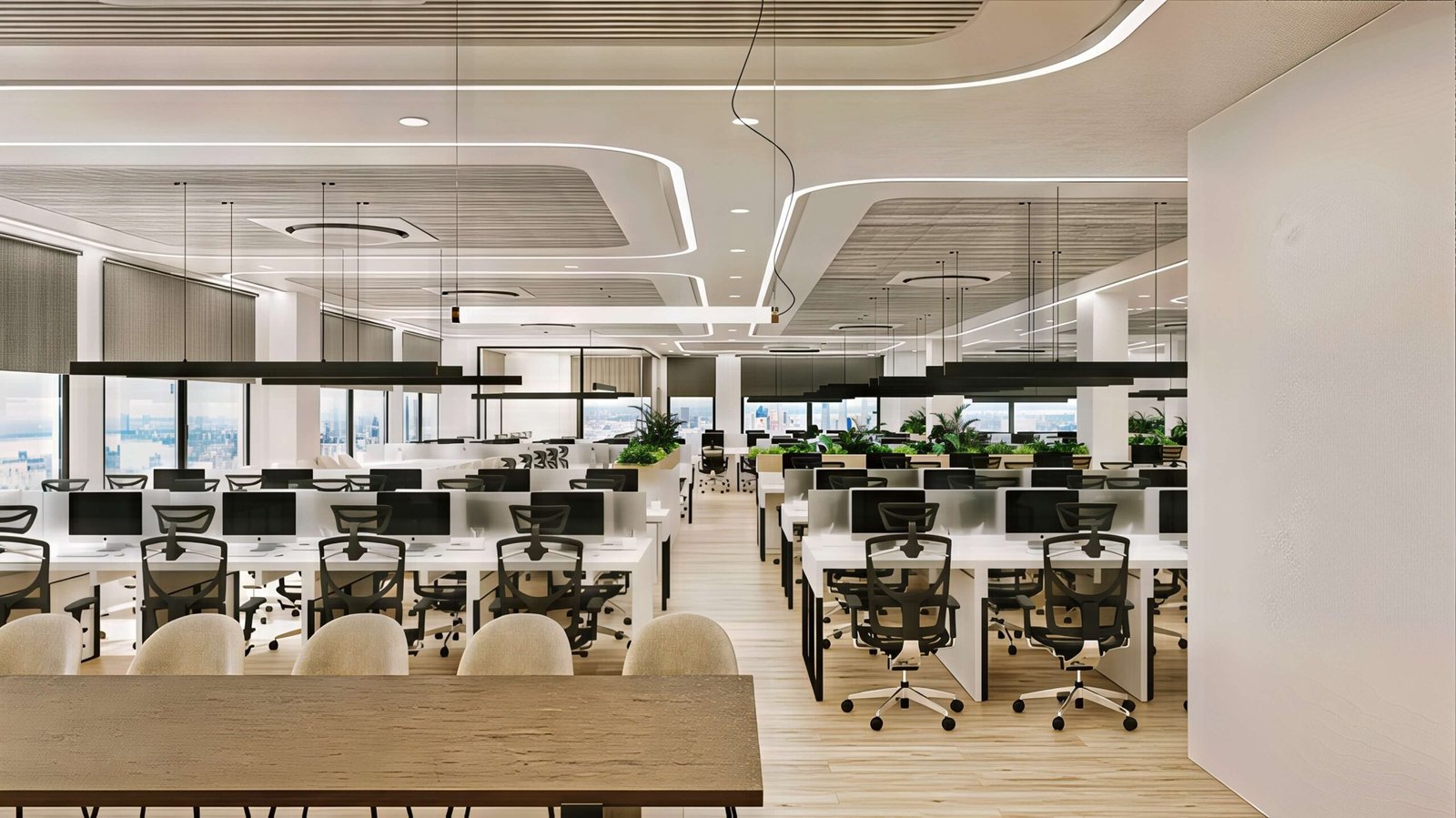 Glass & Green, expansive open-plan workfloor with curved feature lighting