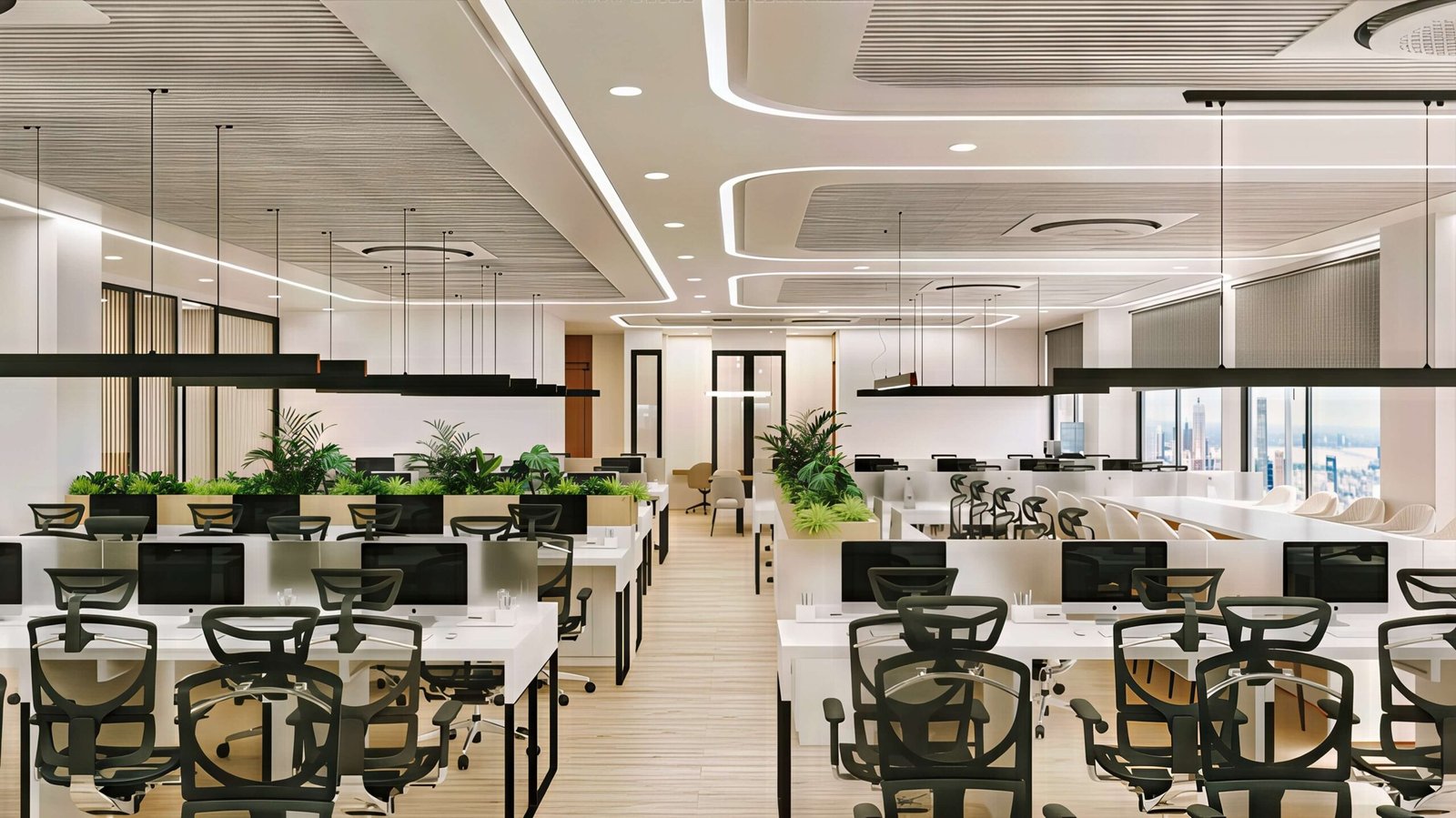 Glass & Green, open workstations with planting and breakout seating