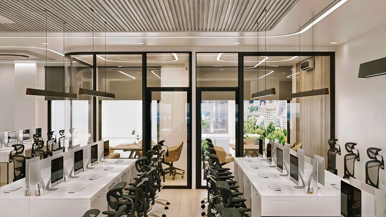 Glass & Green, desks framing glass-walled meeting rooms