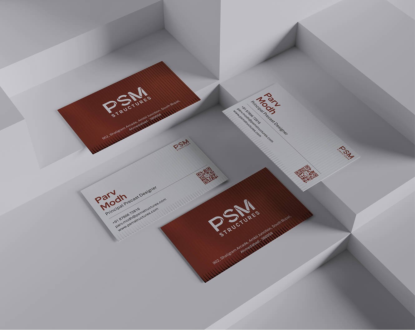 PSM Structures business cards for Parv Modh, Principal Precast Designer