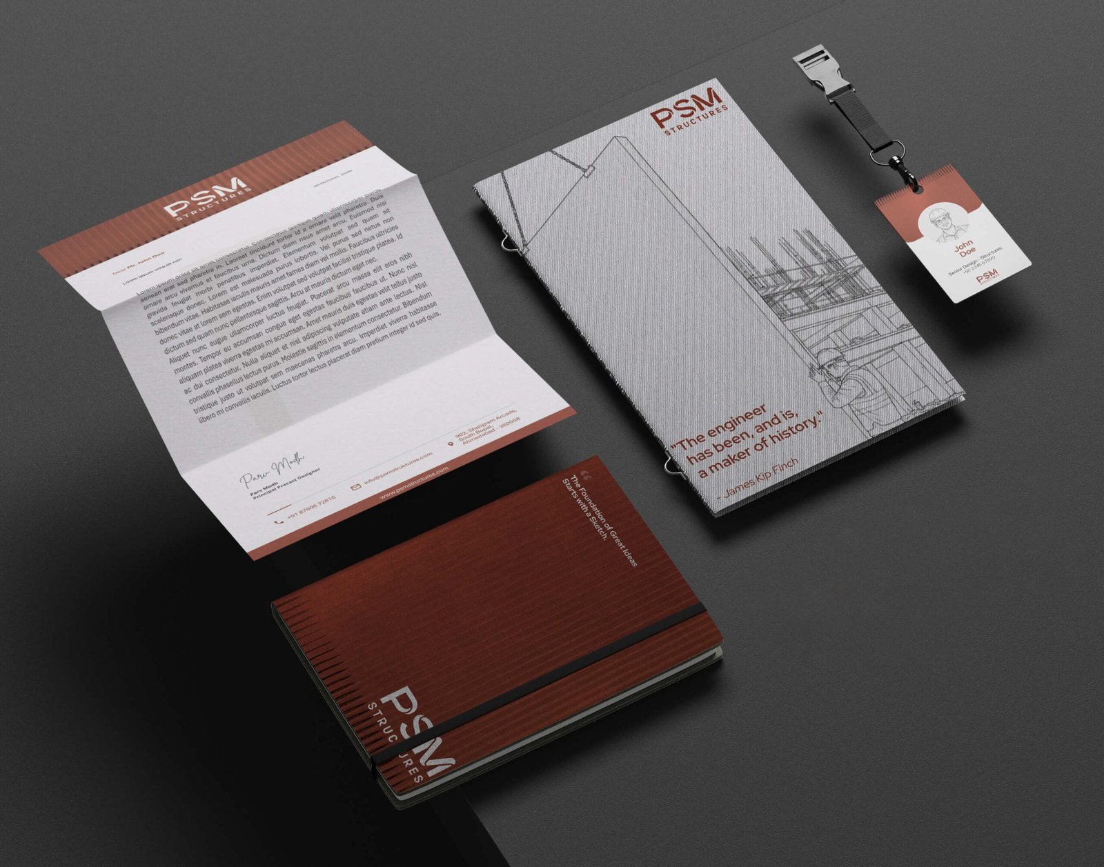 PSM Structures stationery set: letterhead, folder and lanyard