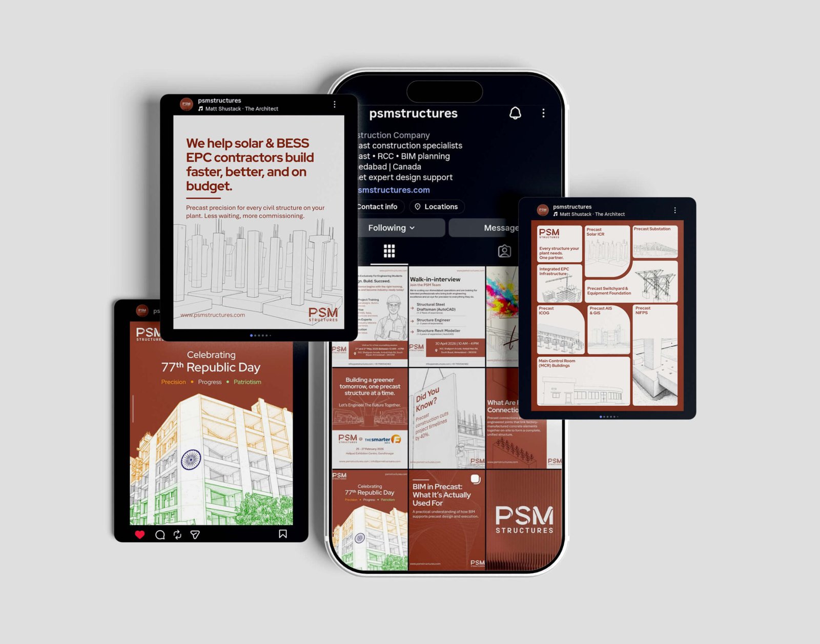 PSM Structures social media posts across phone and tablet mockups