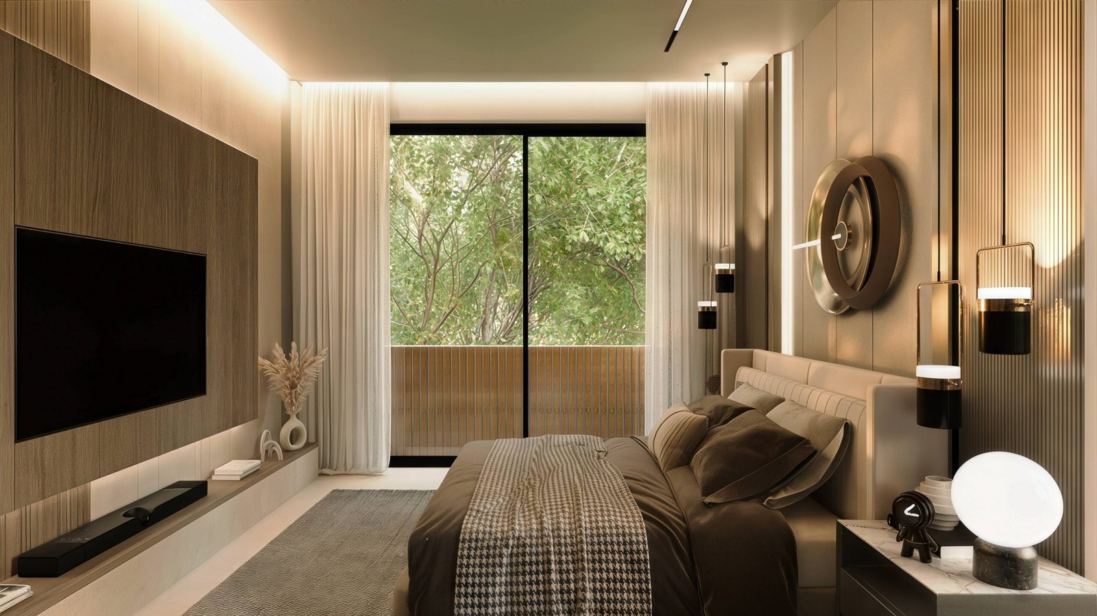 Silver Mist Villa, bedroom with oak panelling and a balcony to the trees