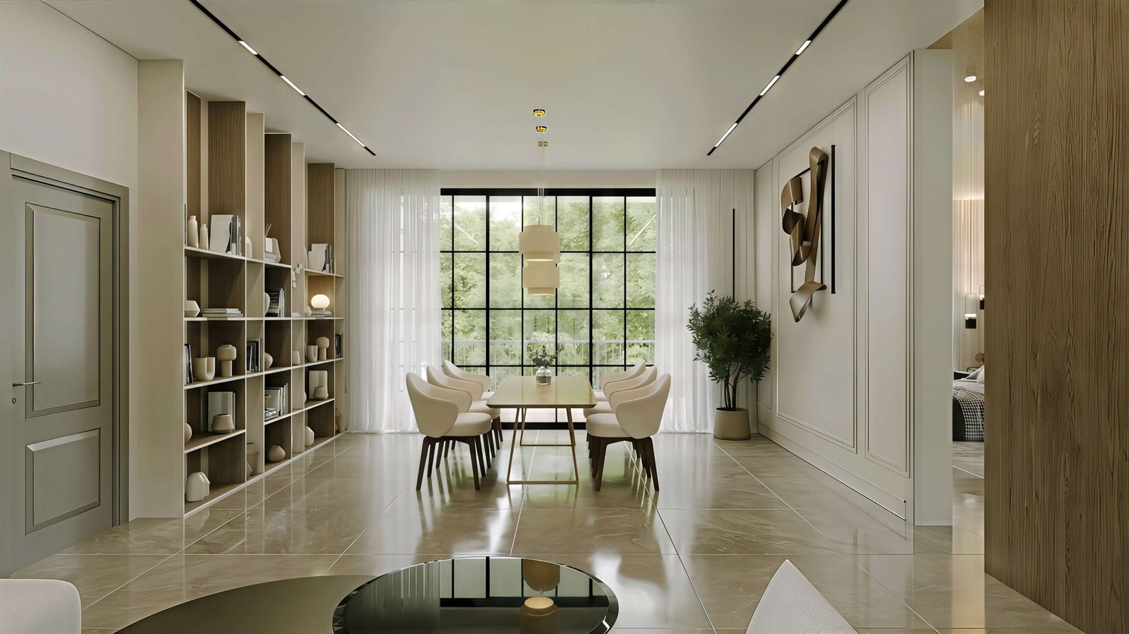 Silver Mist Villa, dining hall with full-height window and open shelving