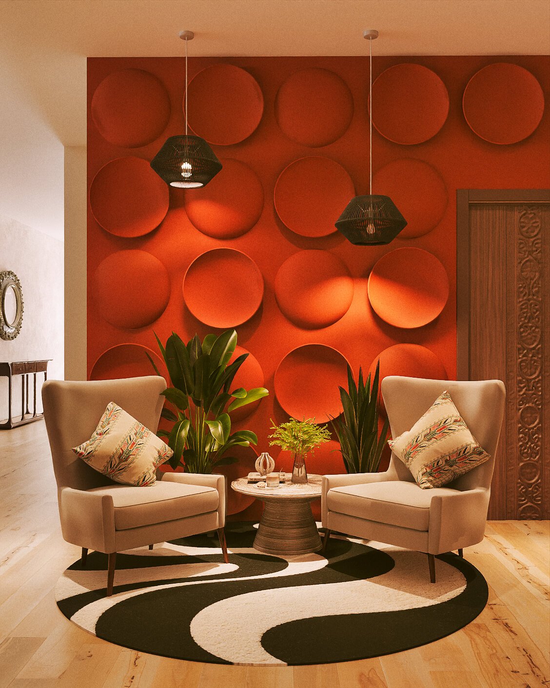 Free Spirit, the styled wall facing the bar, layered with art and objects