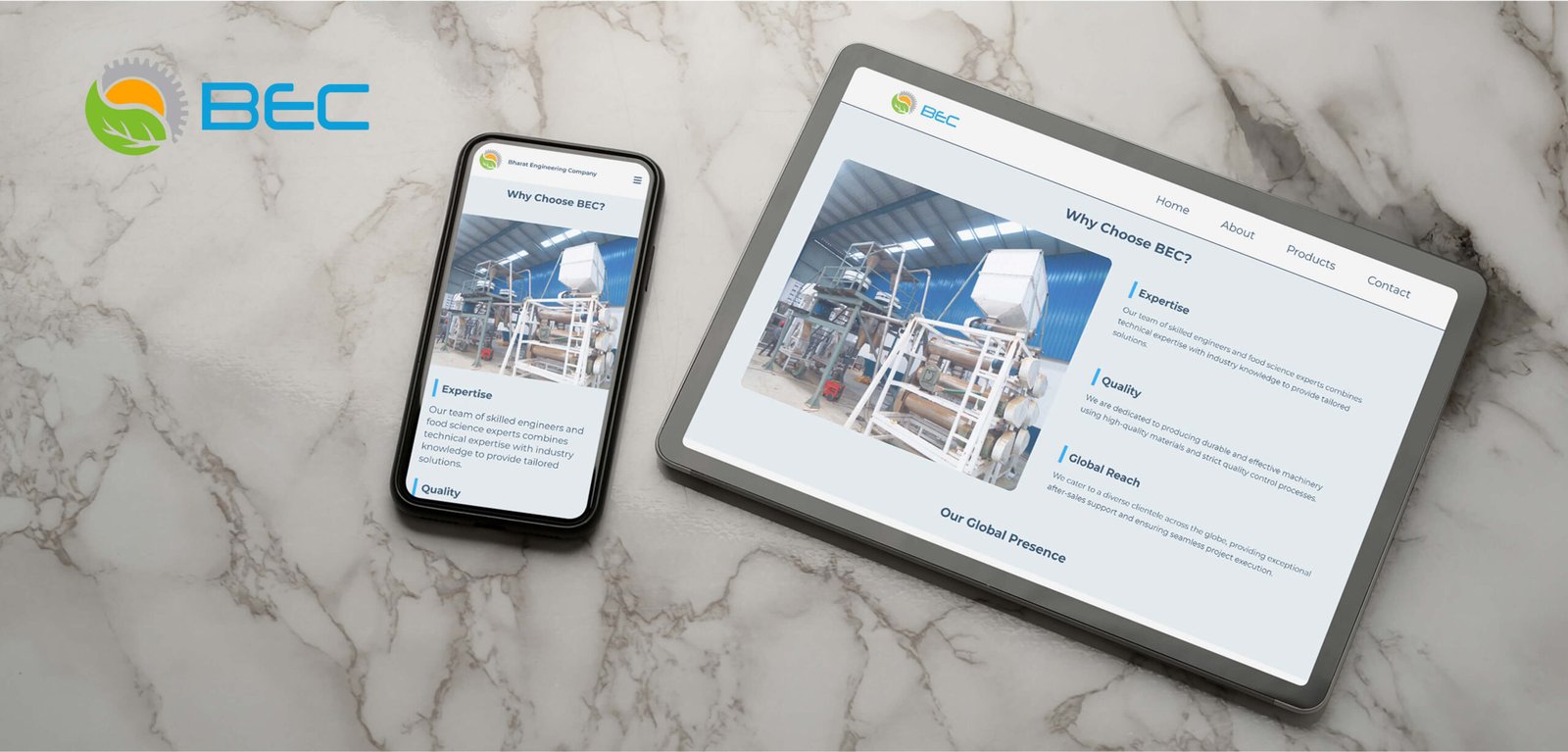 The BEC website shown responsively across a phone and a tablet