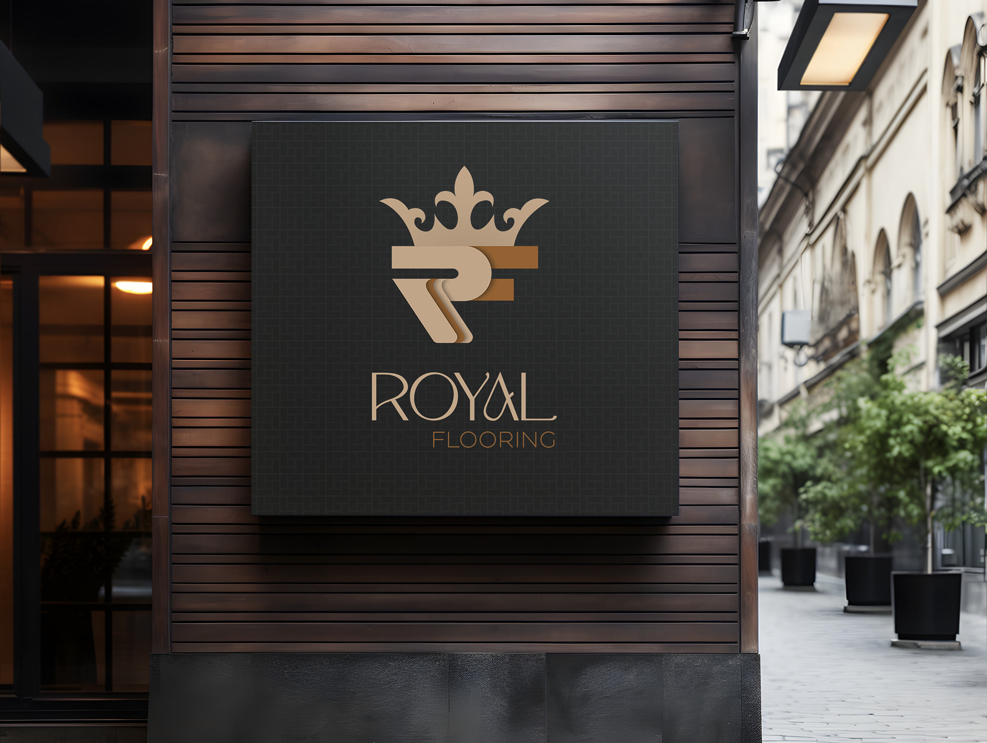 Luxury brand design for Royal Flooring by Line and Dot Studio, featuring elegant gold typography and crown icon on a modern black signage board