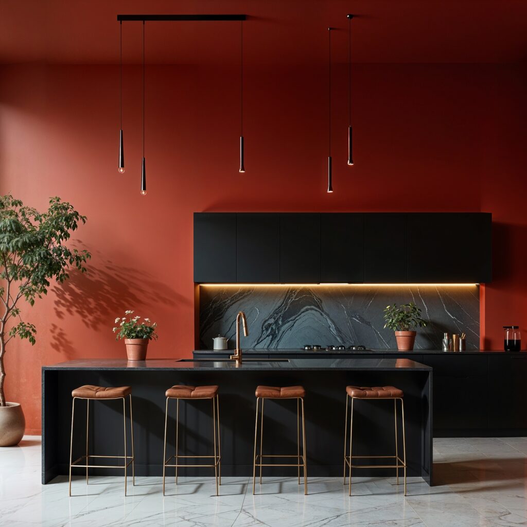 red colour kitchen wall in a home with dining and bar stools