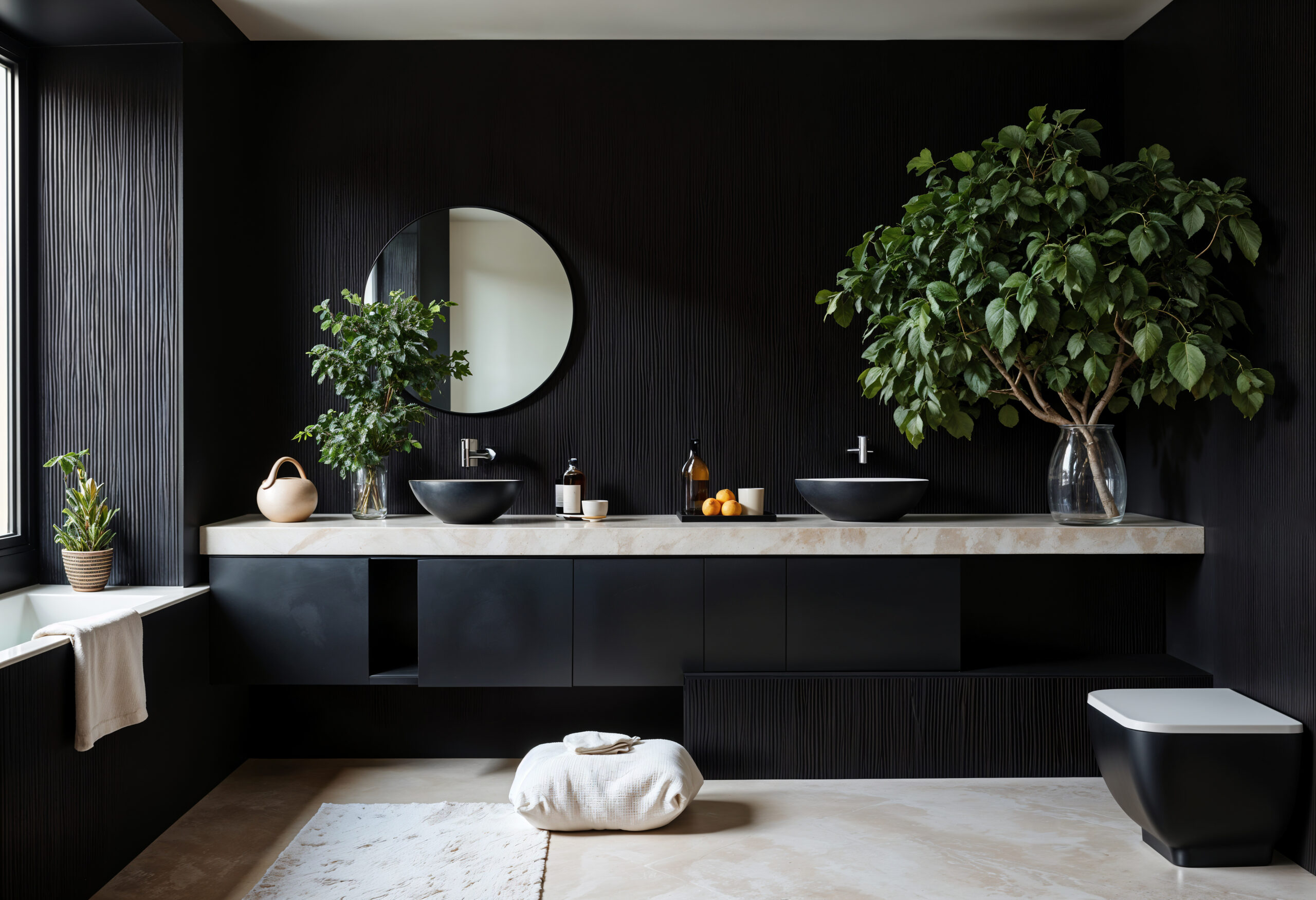 black gray colour bathroom in a home with plants and basin