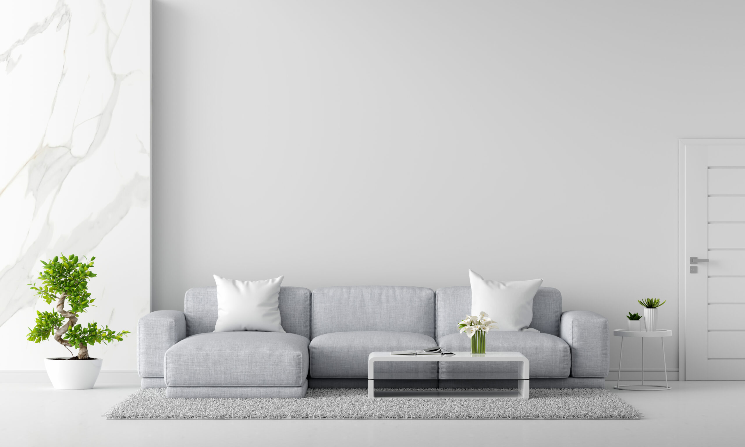 Living room with sofa and plants. Shades of white colour in the living room interiors.
