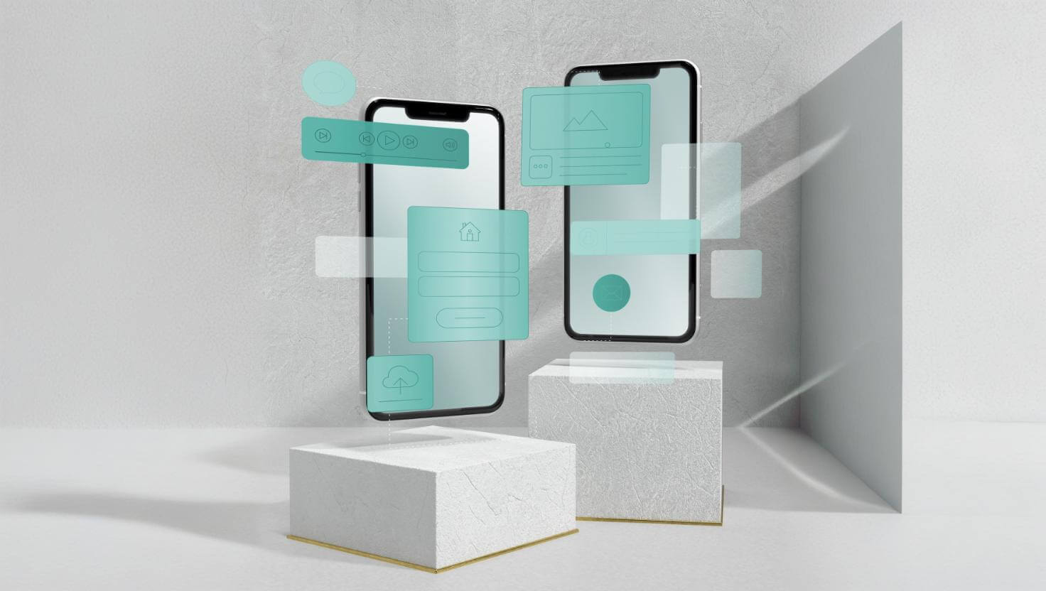 Mobile UI screens with design components popping out, visually representing key elements of a design system