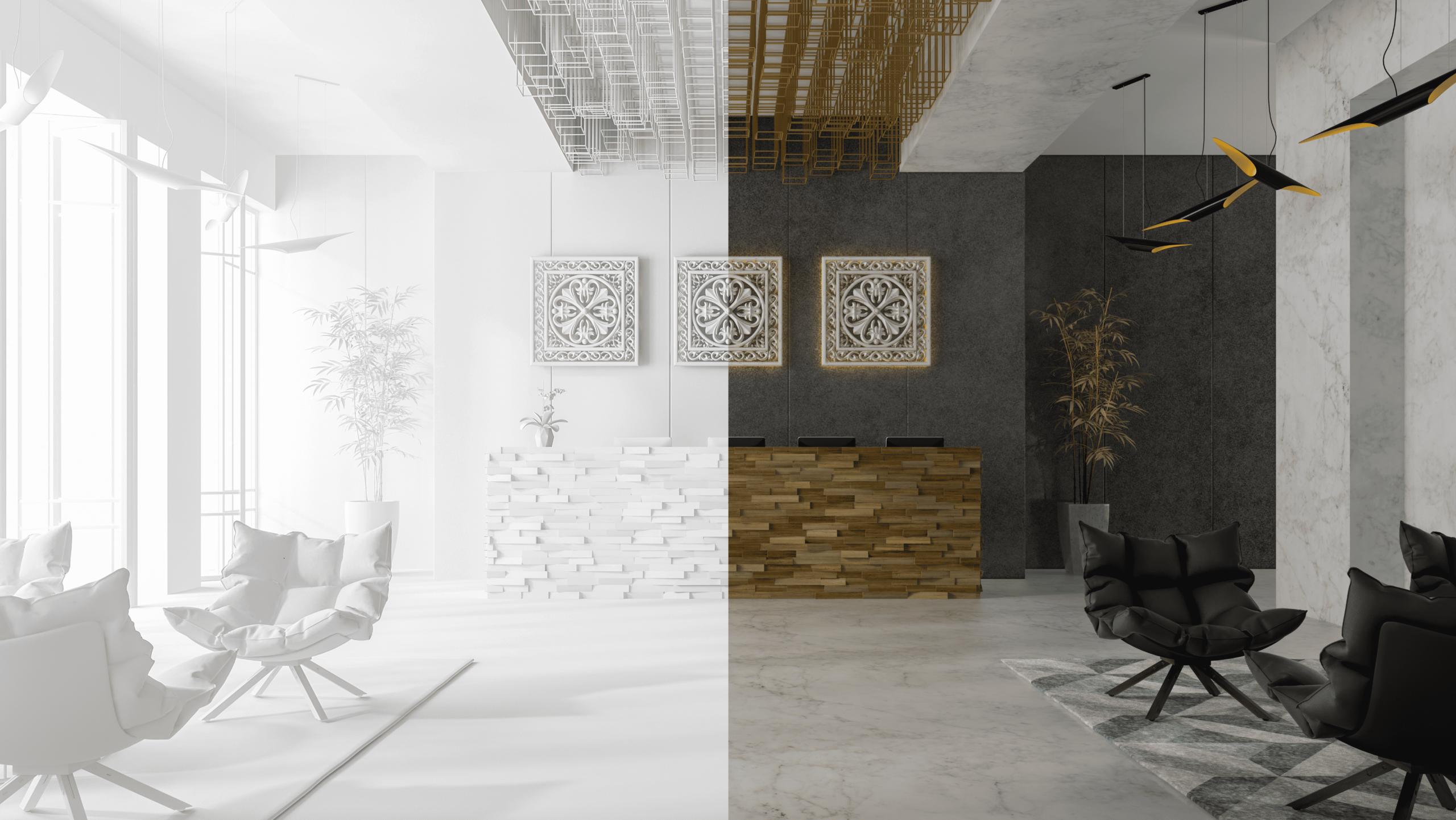 Split-view of a modern lobby showcasing the process of 3D rendering, with one half in a white model stage and the other in a photo-realistic final render.