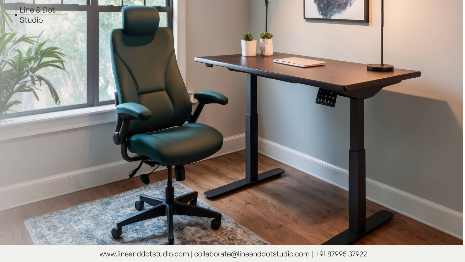 an ergonomic chair in a room with a window and table with plants on the table