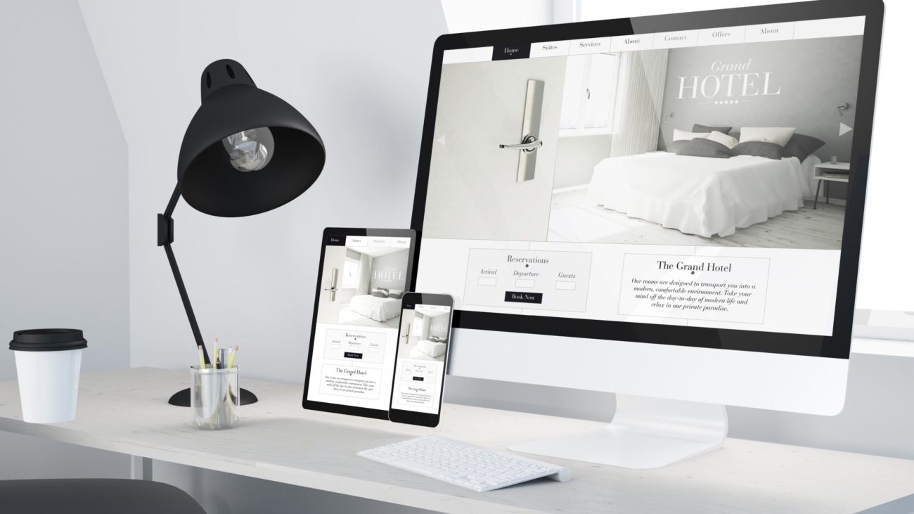 Modern hotel website displayed on desktop, tablet, and mobile devices, showcasing responsive design and user-friendly website UX