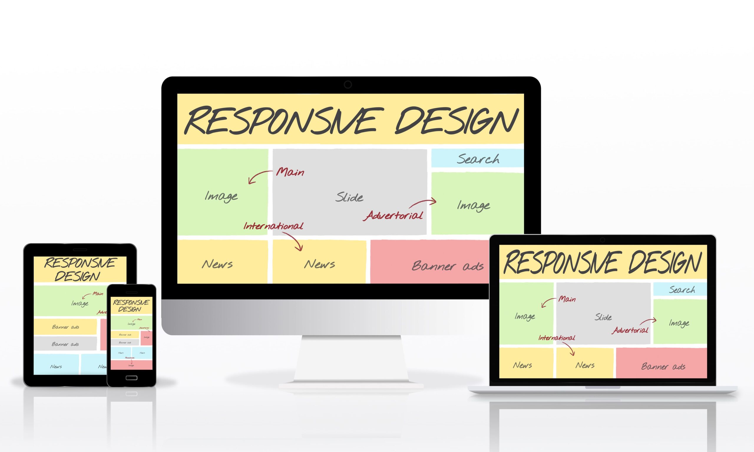 Responsive website layout displayed across desktop, laptop, tablet, and mobile screens—illustrating adaptive UI design and structured content for better website UX