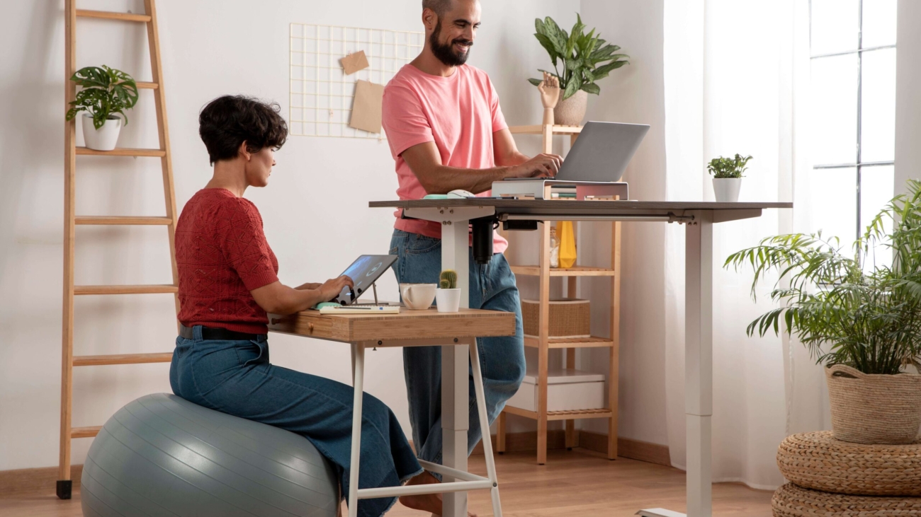 Man and woman using ergonomic design workstations at home with standing desk and exercise ball for better comfort and posture