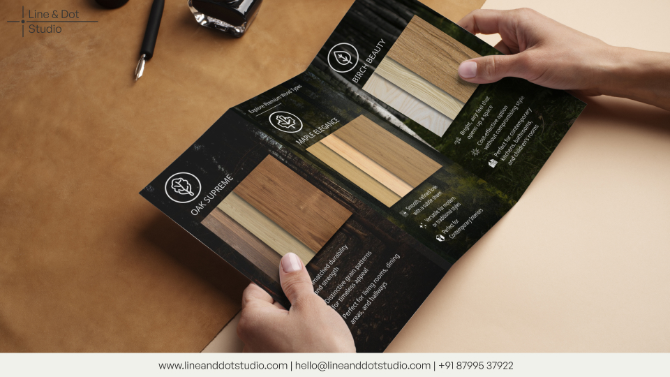 a brochure design by Line and Dot Studio for a flooring company named Royal Flooring.