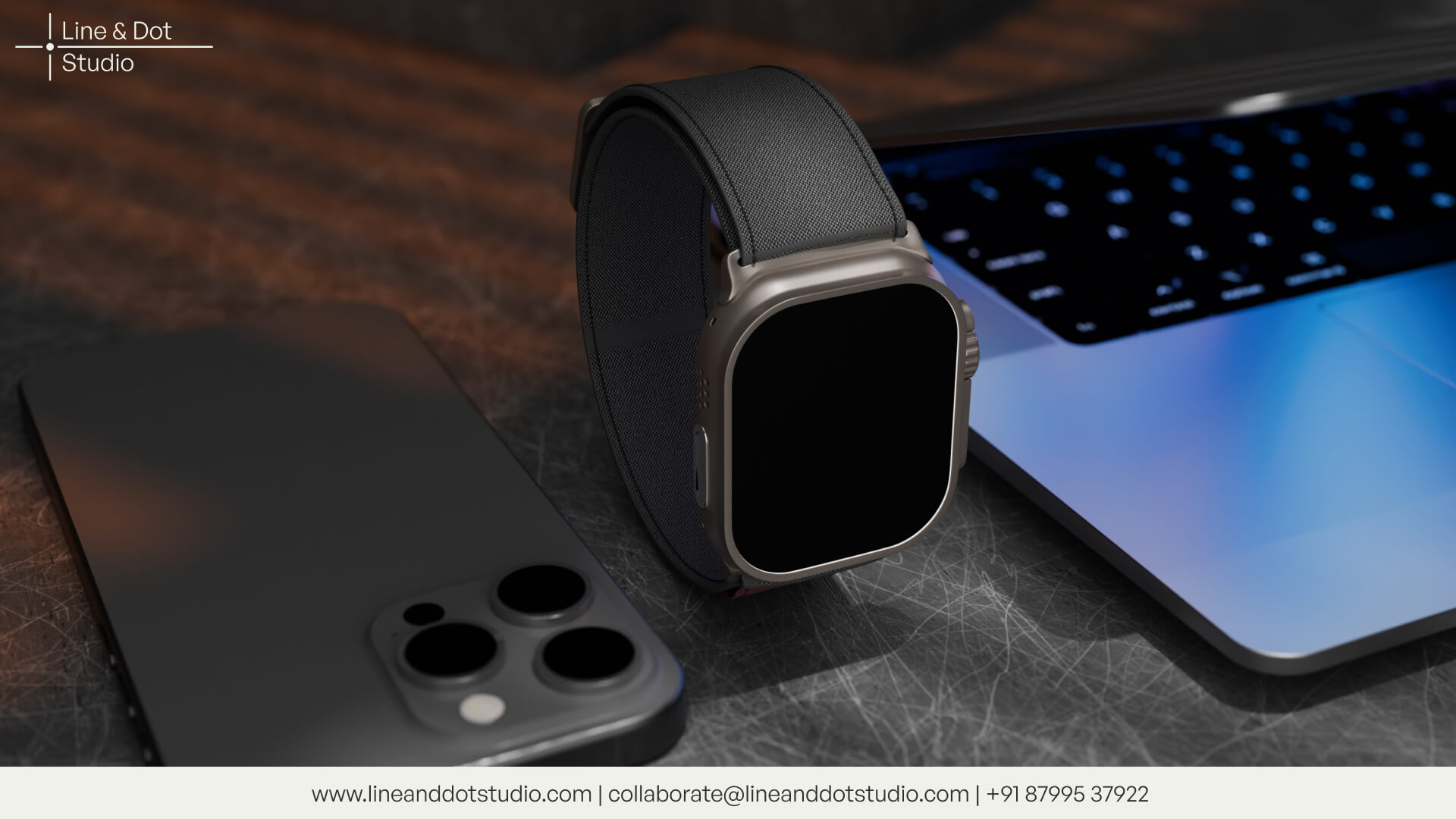A half open Apple MacBook next to iPhone and Apple watch with rear cameras visible, showcasing Apple design aesthetics and product design