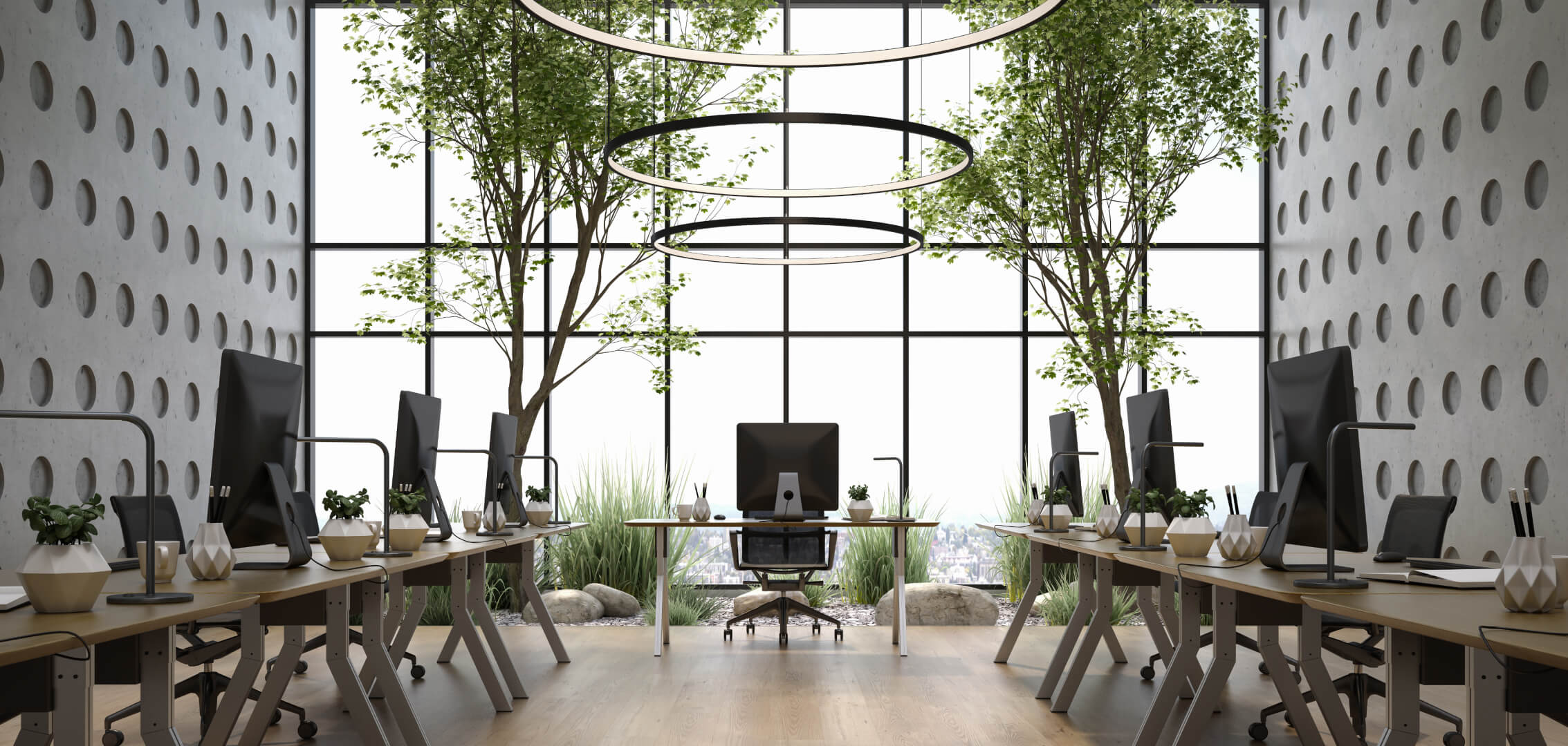 A concept of a biophilic office design with desks on either sides and a tall glass facade for sunlight and lots of greenery on the inside