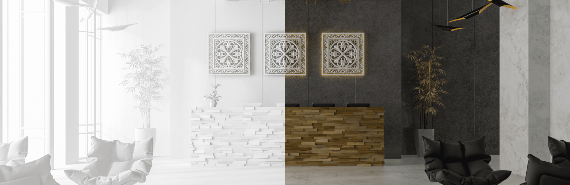 Split-view of a modern lobby showcasing the process of 3D rendering, with one half in a white model stage and the other in a photo-realistic final render.