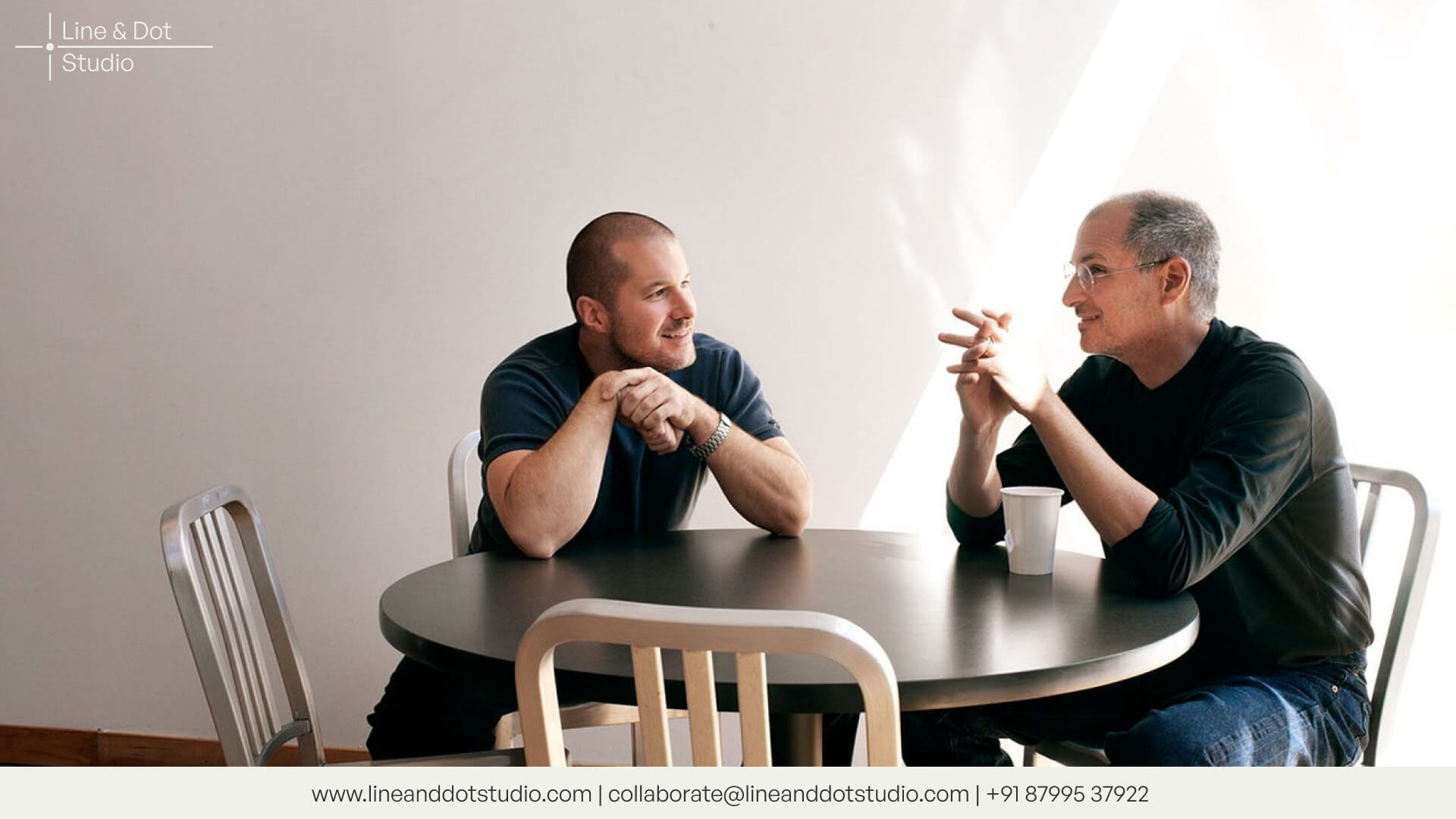 Apple Jony Ive and Steve Jobs having a conversation on design sitting around a round table