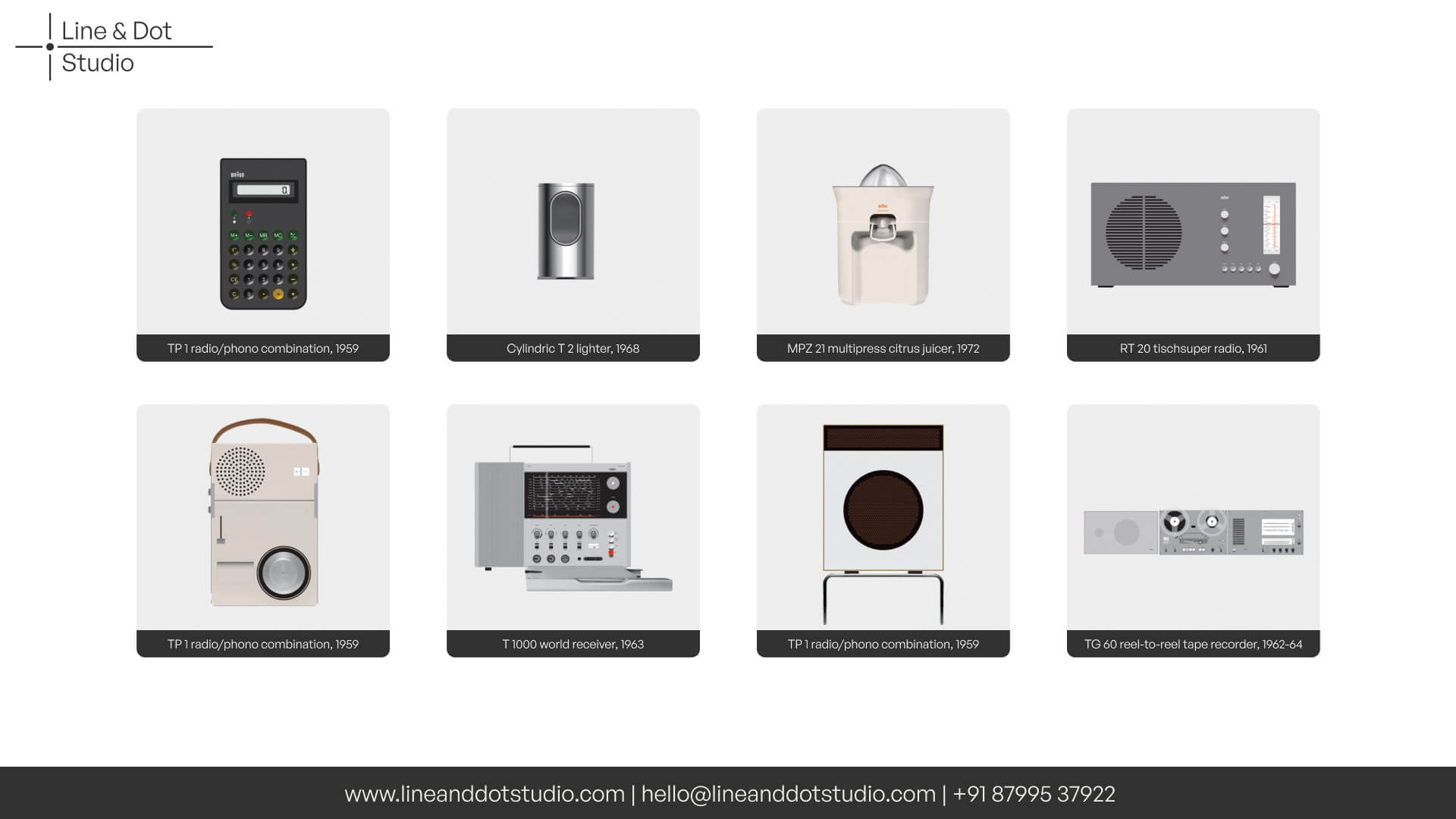 The eight famous gadgets designed by Dieter Rams including calculator, speaker, recorder, lighter, juicer and more.
